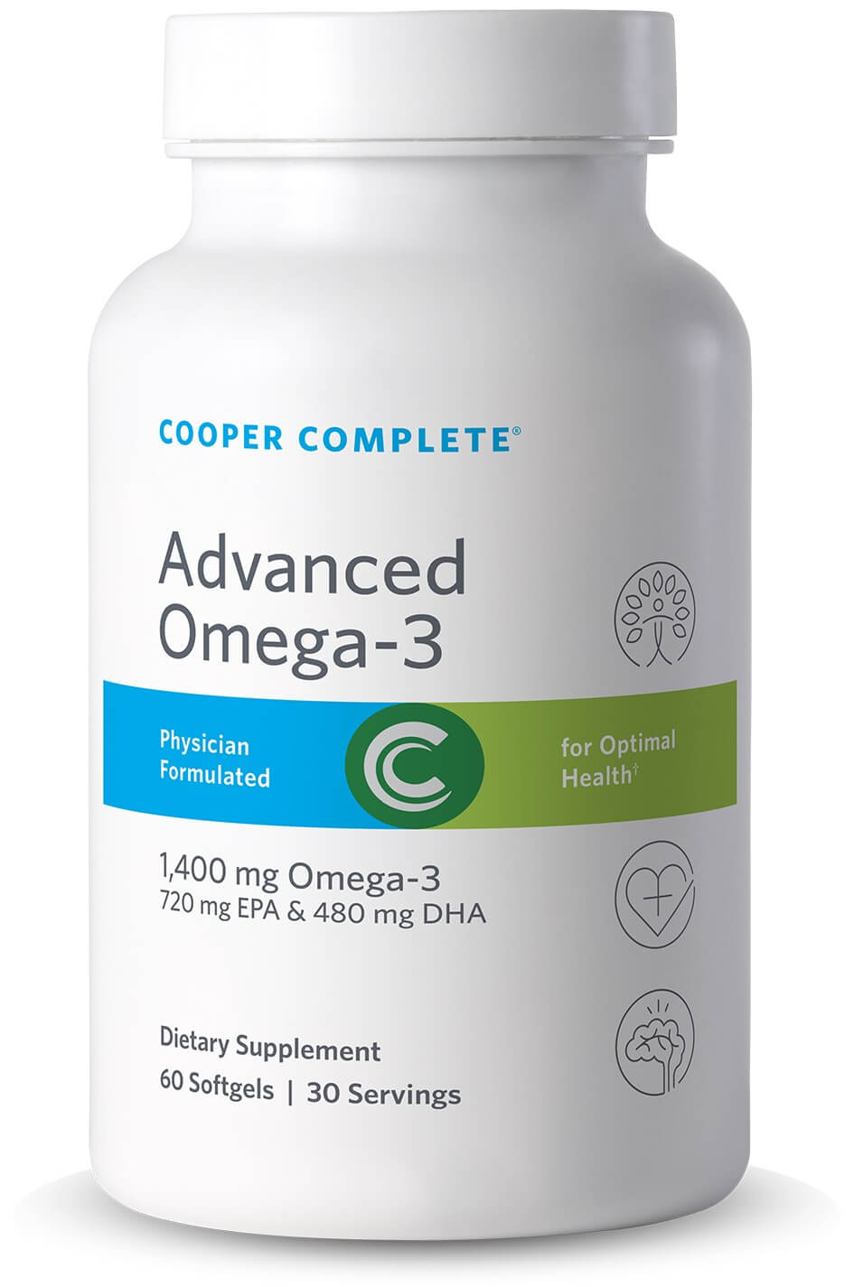 Cooper Complete Advanced Omega-3 supplement bottle with key product benefits.