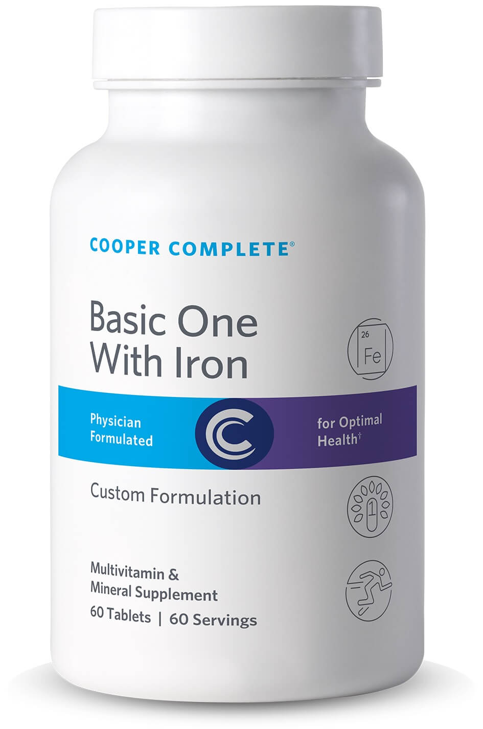 Cooper Complete Basic One Daily Multivitamin With Iron supplement bottle on a white background.
