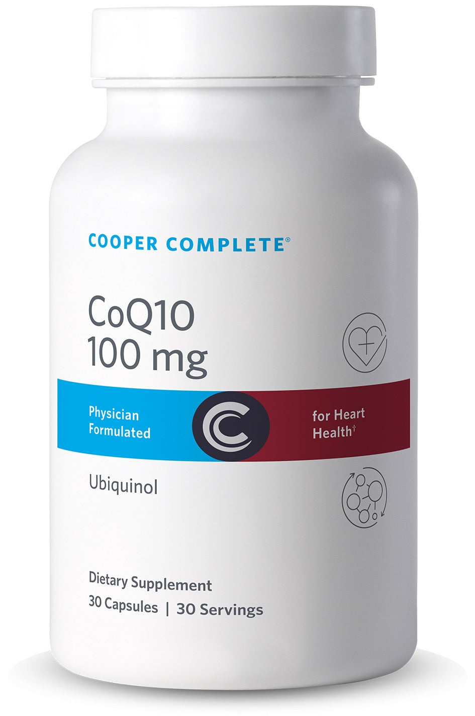 Cooper Complete 100 mg CoQ10 Ubiquinol supplement bottle on a white background.