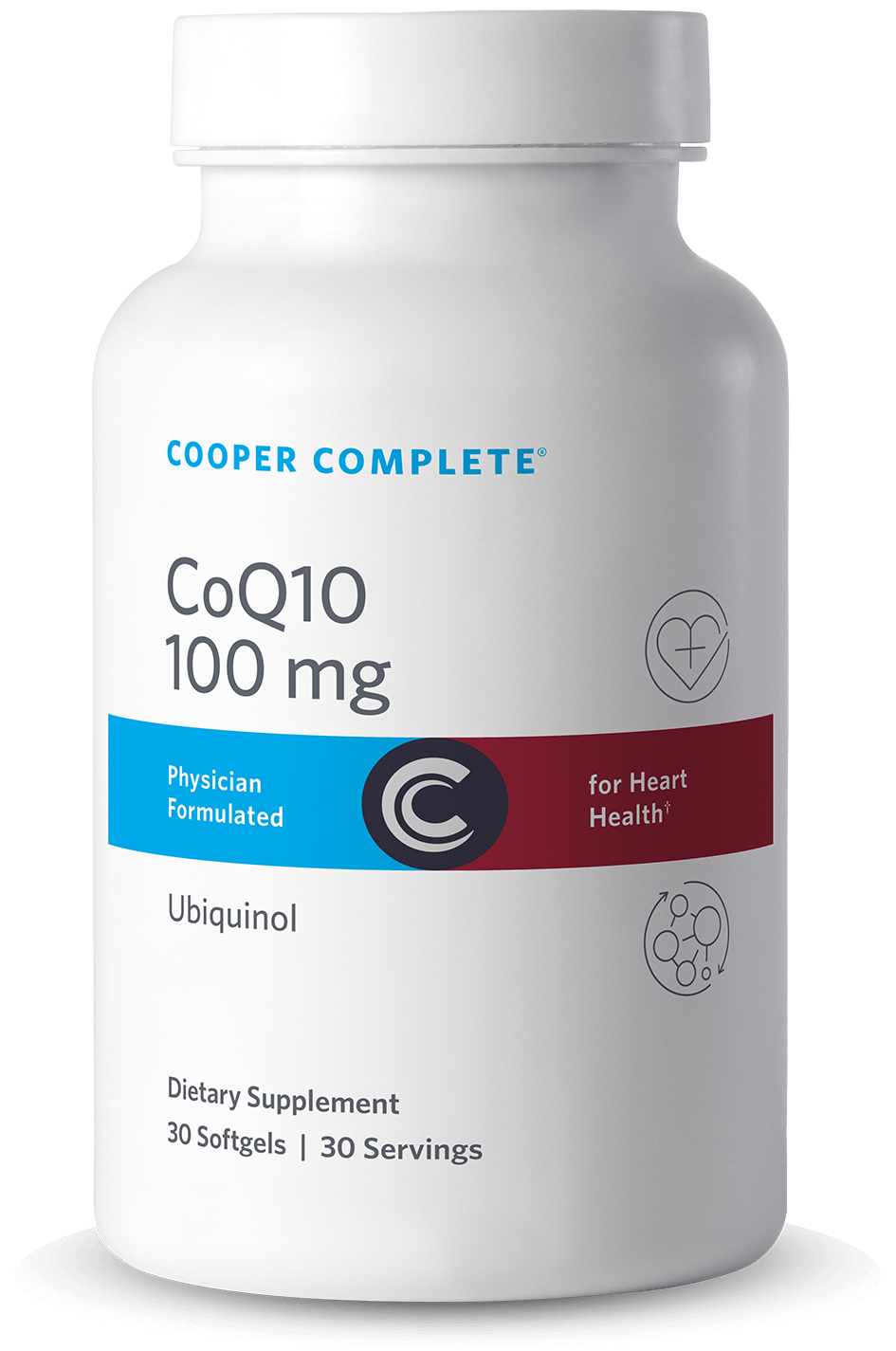 Cooper Complete 100 mg CoQ10 Ubiquinol supplement bottle on a white background.