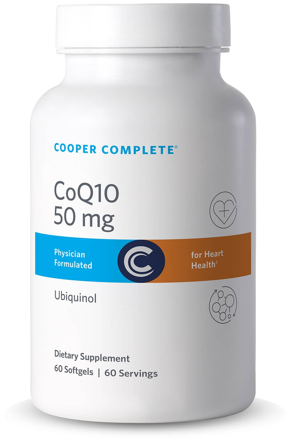 Cooper Complete 50 mg CoQ10 Ubiquinol supplement bottle on a white background.