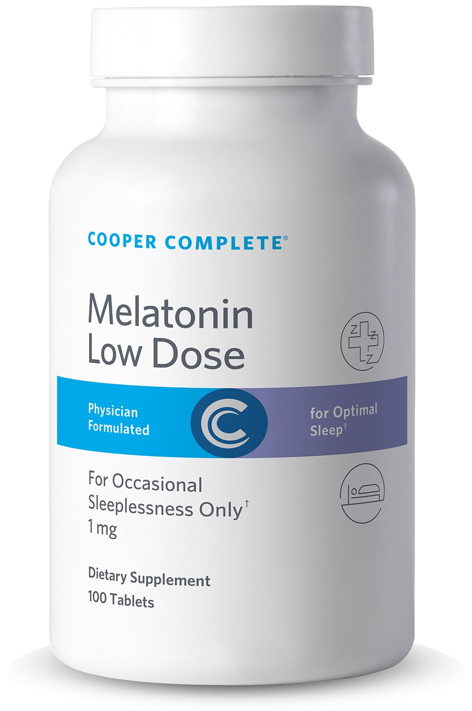Cooper Complete 1 mg Low Dose Melatonin supplement bottle on a white background.