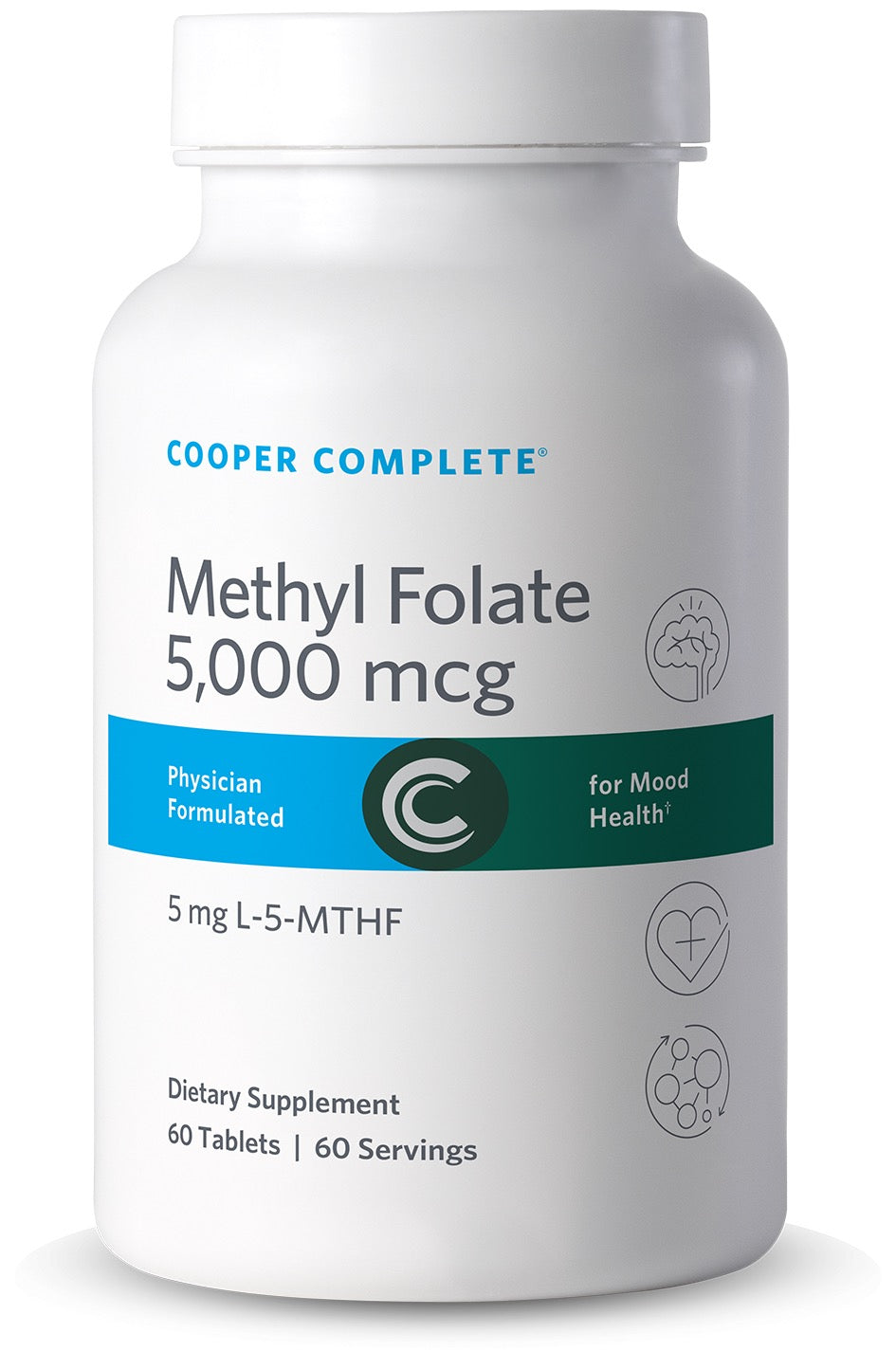 Cooper Complete Methyl Folate 5000 mcg (5 mg) dietary supplement bottle on a white background