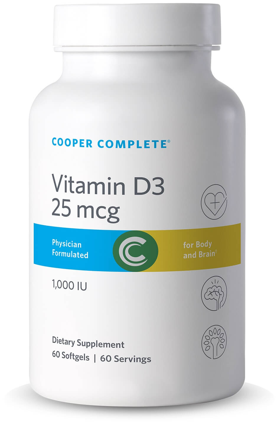 Cooper Complete Vitamin D3 25 mcg (1000 IU) supplement bottle on a white background