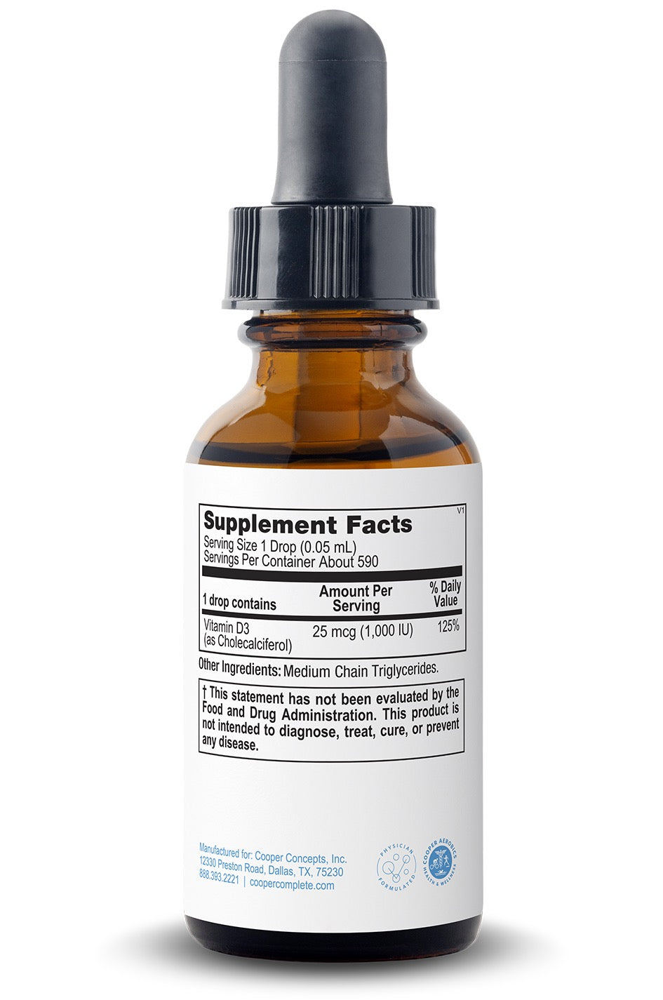 Cooper Complete Vitamin D3 Liquid Drops 25 mcg (1000 IU) Supplement bottle with label showing 'Supplement Facts' on a white background