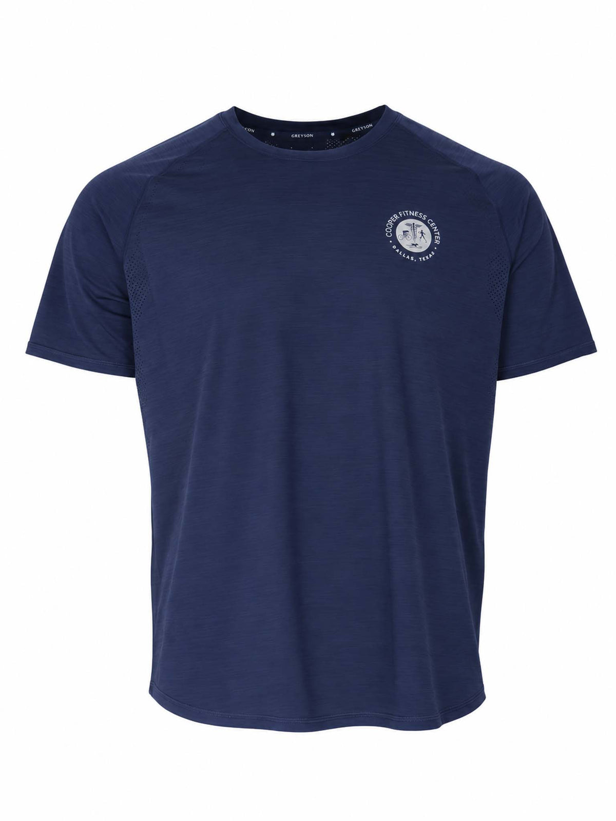 Front view of Cooper Fitness Center Logo Falcon Sport Short Sleeve Tee in Maltese Blue with light grey Cooper Fitness Center logo.