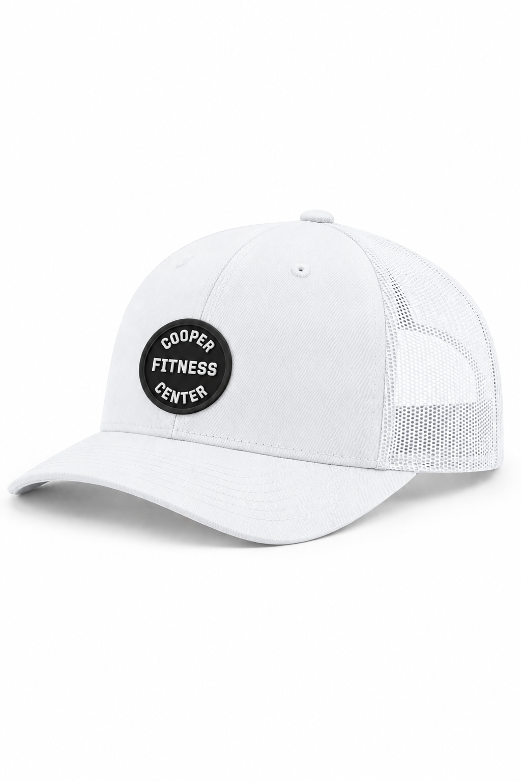 Angled view of CFC Snapback Logo Hat in White with circular Cooper Fitness Center Logo. 