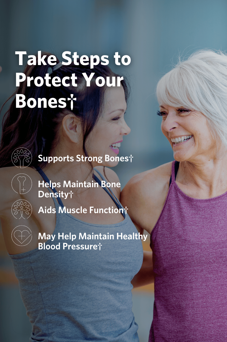 Two women smiling, with text about taking steps to protect bones and the benefits of Cooper Complete Calcium Citrate supplements.