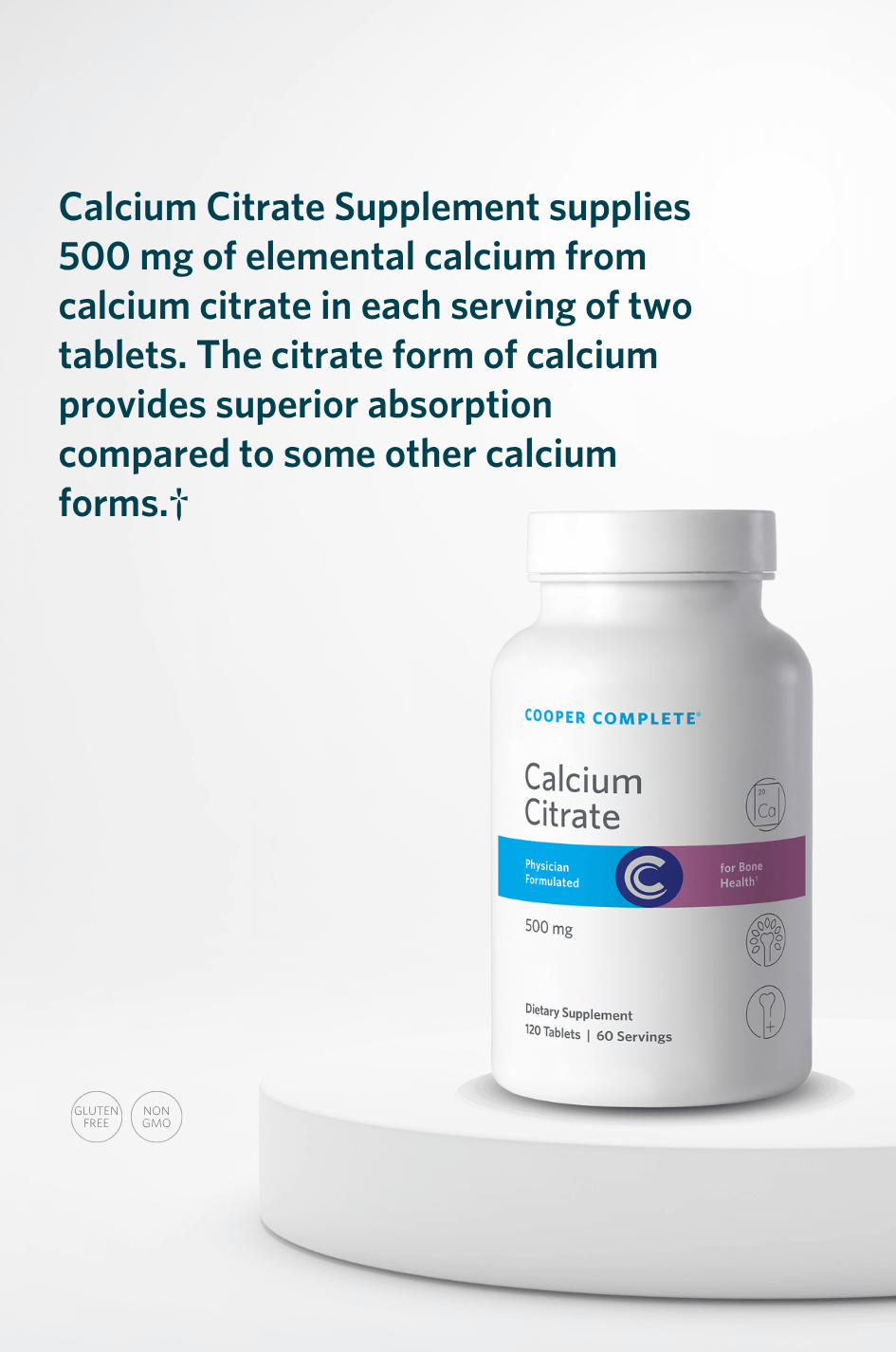 Cooper Complete Calcium Citrate supplement bottle with key product benefits.