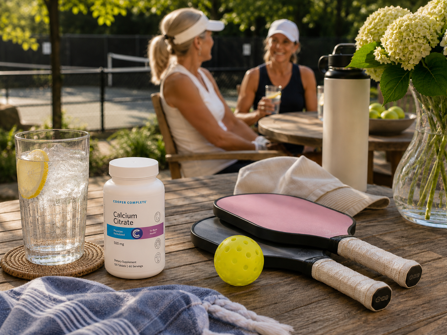 A bottle of Cooper Complete Calcium Citrate supplement placed on a wooden table in an outdoor patio setting, alongside a glass of water with a lemon slice, pickleball and paddles, and a towel. Two women are seen sitting by the racket court.