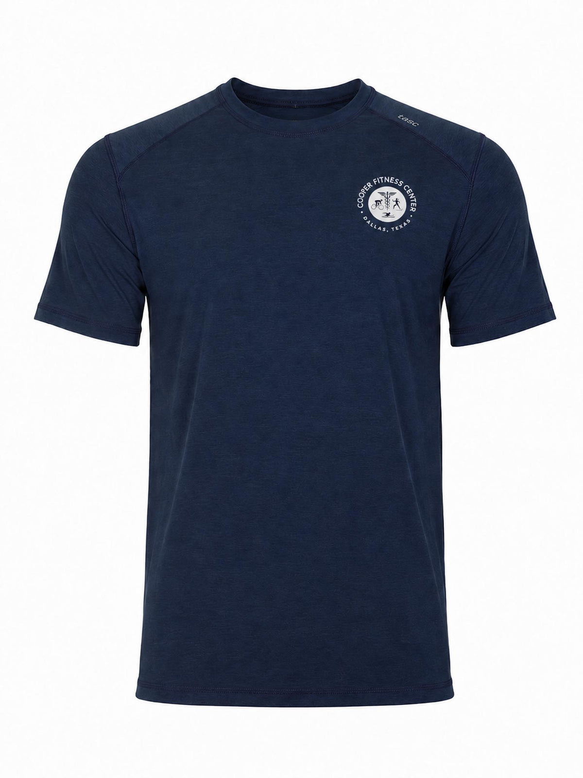 Front view of Cooper Fitness Center Carrollton Tee in Classic Navy with silver chest logo.