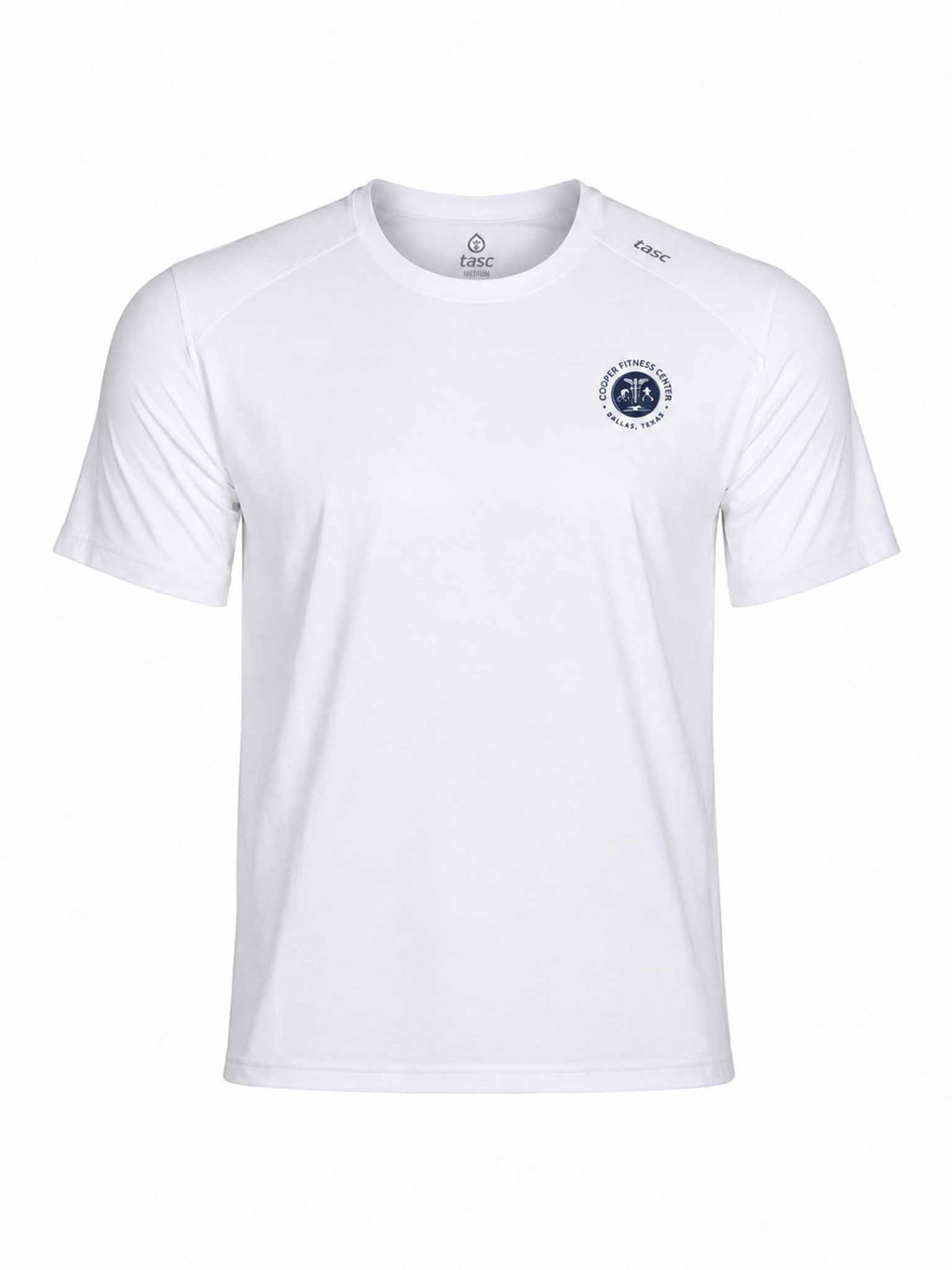 Cooper Fitness Center Carrollton Tee in White with navy Cooper Fitness Center chest logo, front view.