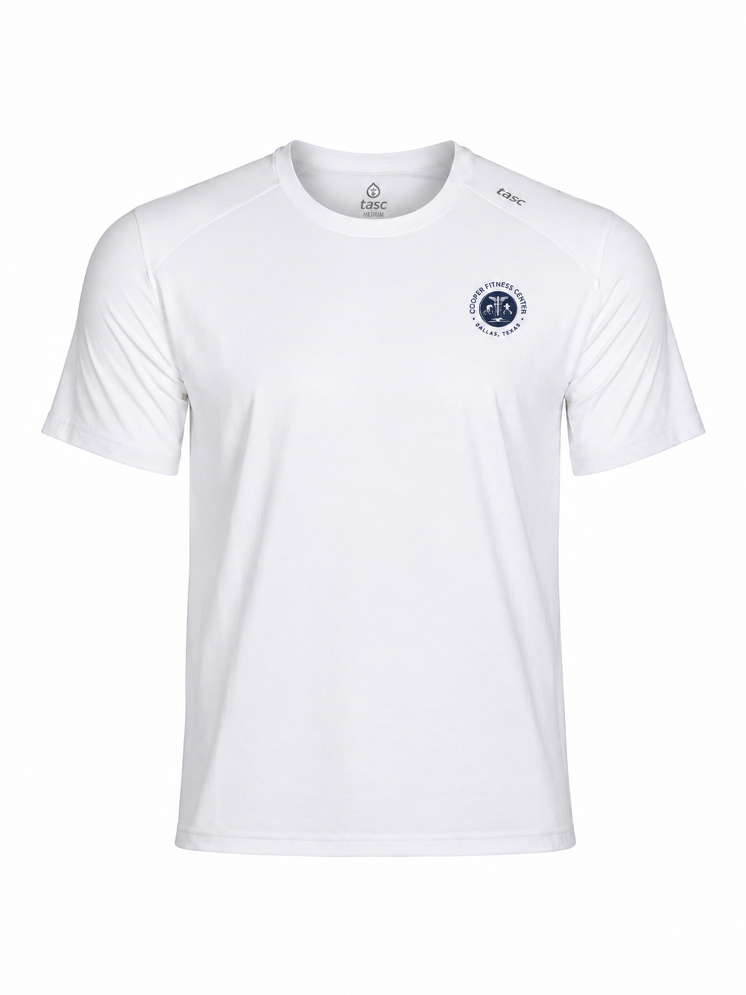 Cooper Fitness Center Carrollton Tee in White with navy Cooper Fitness Center chest logo, front view.