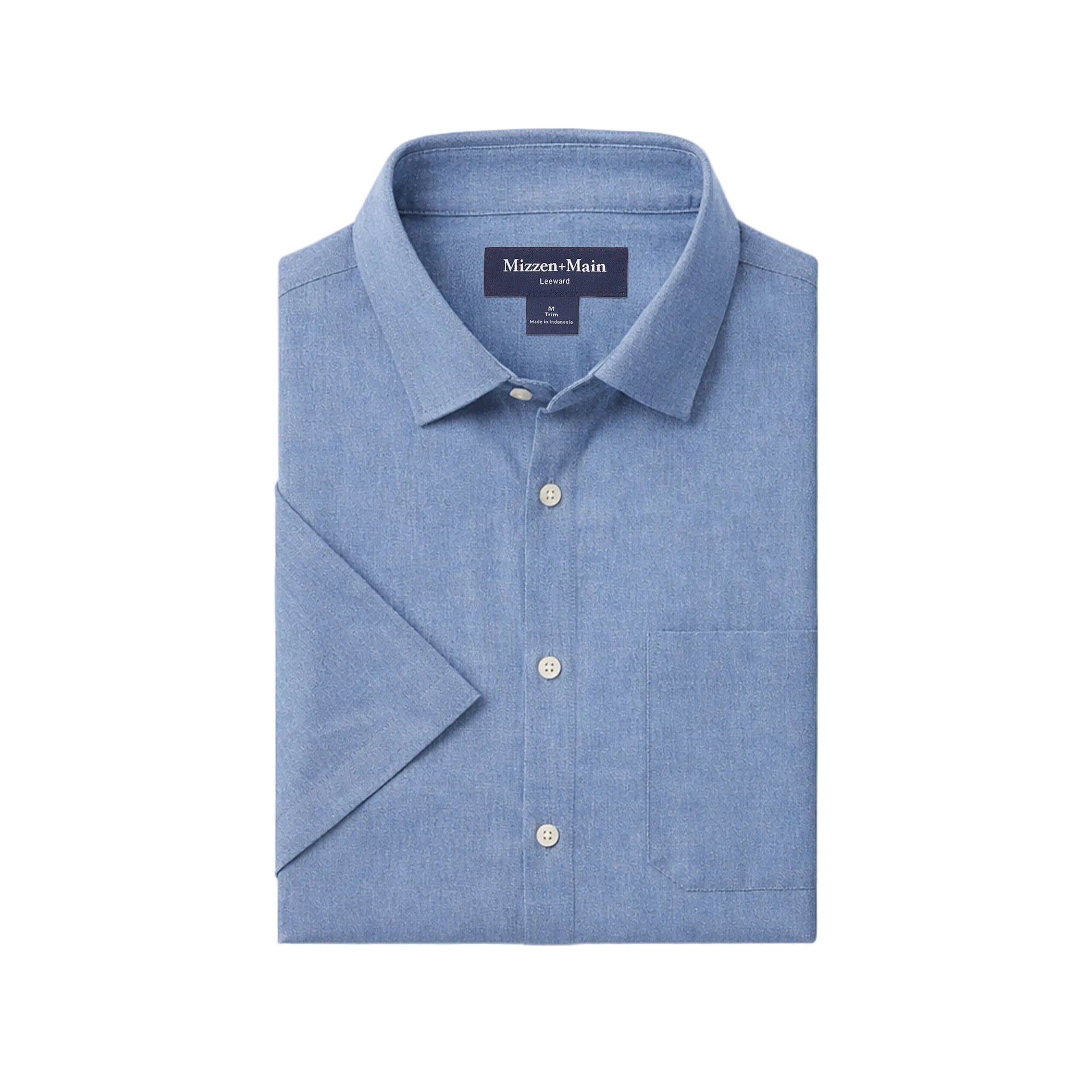 Folded Mizzen+Main Leeward Short Sleeve Dress Shirt (Trim Fit) in Coastal Fjord Heather (chambray blue), men's lightweight performance button-down shirt with four-way stretch.