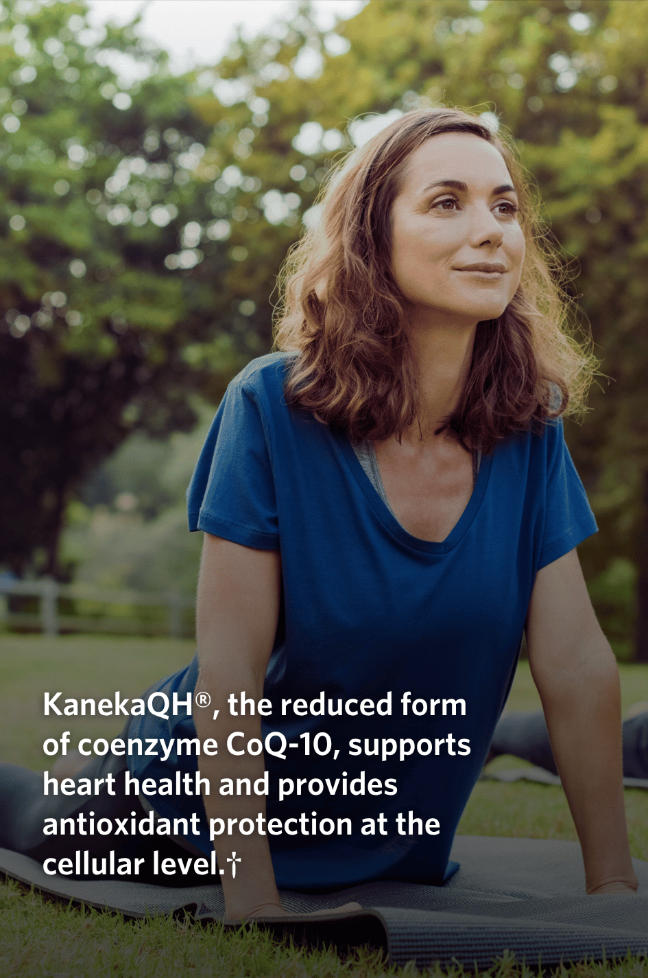 Woman sitting outdoors with text about Cooper Complete 100 mg KanekaQH coenzyme CoQ-10 supplements.