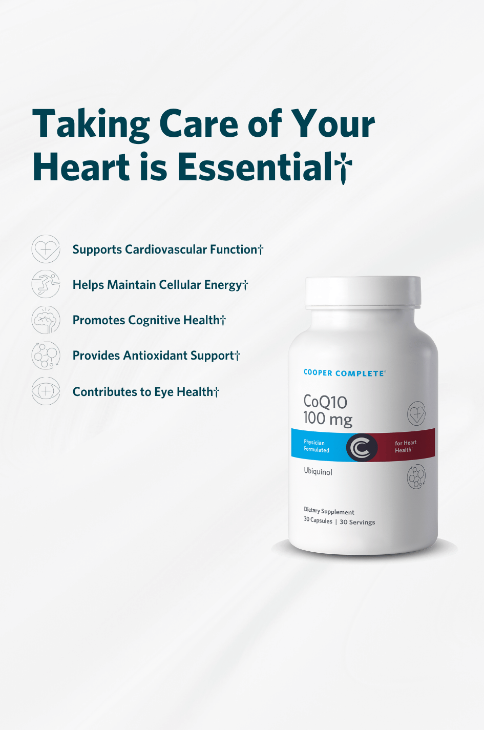 Cooper Complete 100 mg CoQ10 Ubiquinol supplement bottle with health benefits overlaid in text.