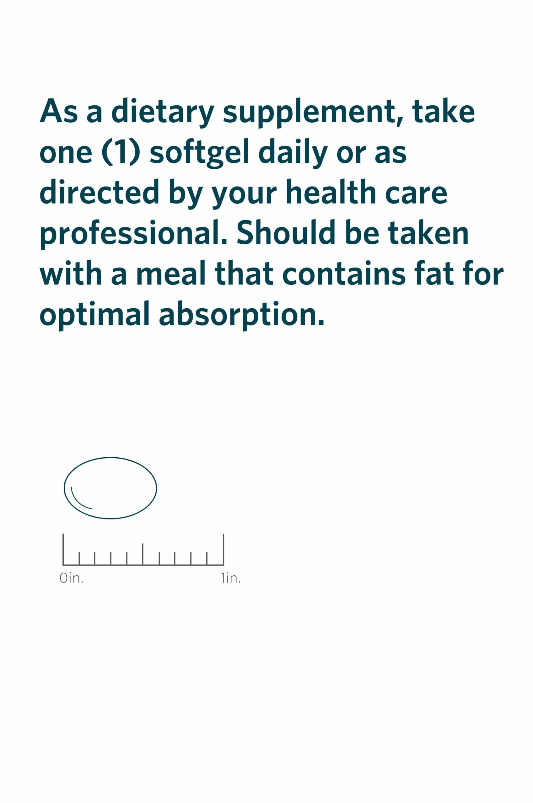 Serving directions and actual-size illustration for Cooper Complete 50 mg CoQ10 Ubiquinol supplement.