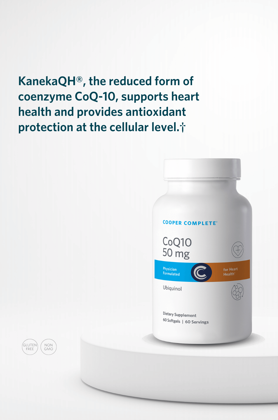 Cooper Complete 50 mg CoQ10 supplement bottle with text about KanekaQH and its benefits on a white background