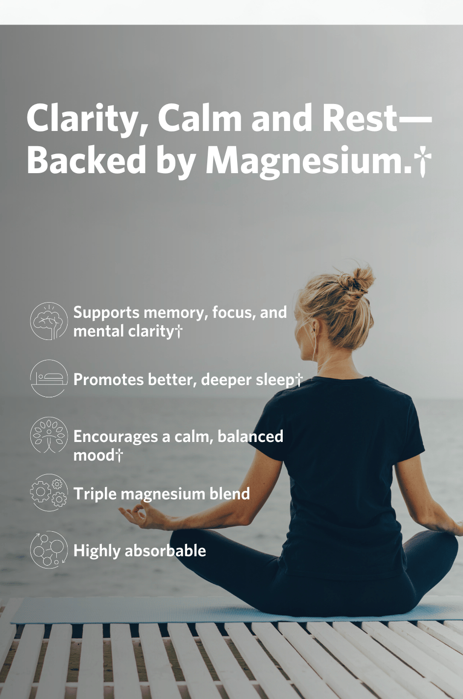 Person meditating with text about the benefits of the Cooper Complete Cognitive Health Magnesium L-Threonate supplement on a gray background.