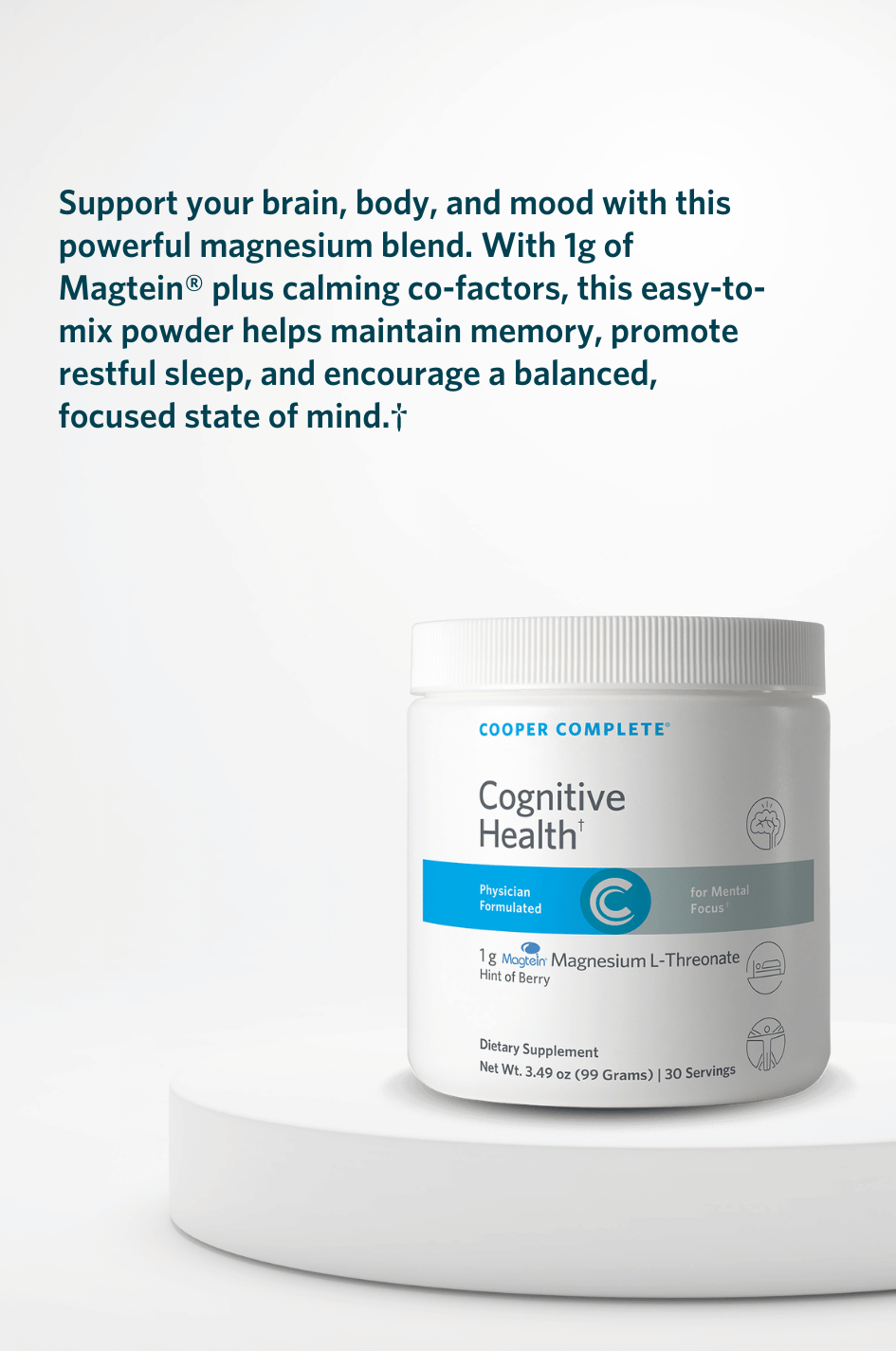 Cooper Complete Cognitive Health Powder Supplement container on a white background with text about its benefits.