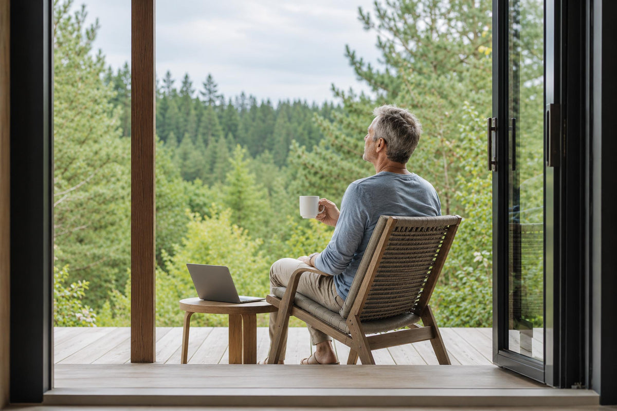 A man sits in a wooden lounge chair on a deck, holding a white mug and looking out at a green forest view. A small table beside him holds an open laptop.