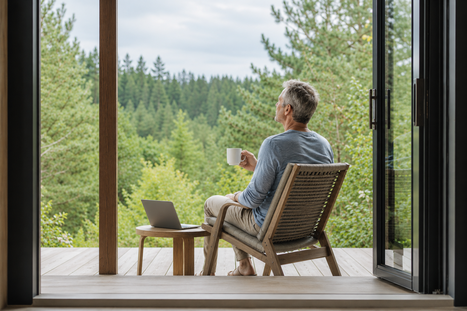 A man sits in a wooden lounge chair on a deck, holding a white mug and looking out at a green forest view. A small table beside him holds an open laptop.