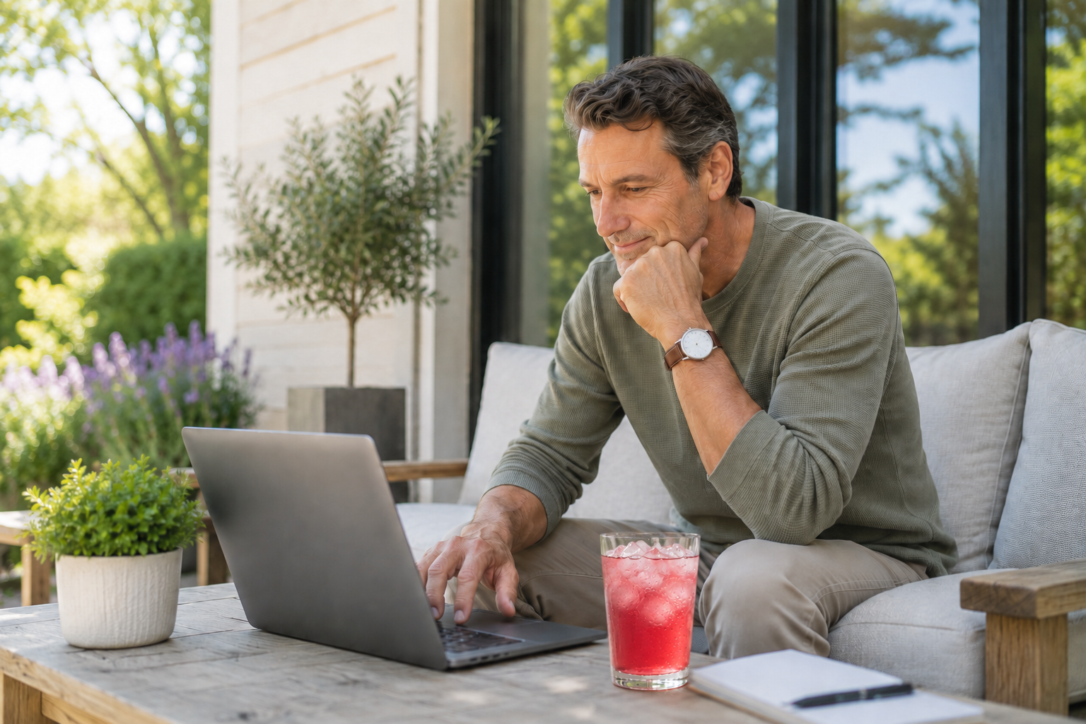 A man sits on a light gray outdoor sofa using a laptop on a wooden coffee table, with a pink colored drink and a notebook nearby. The setting is a bright patio with green plants and large windows in the background.