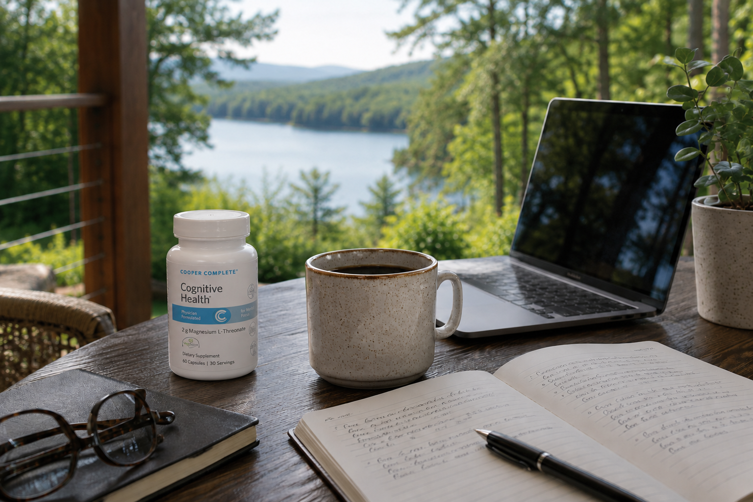 A white bottle of Cooper Complete Cognitive Health supplement placed on a wooden table on a porch, with a lake and forest landscape in the background. An open notebook, a pen, eyeglasses, a mug, a laptop, and a potted plant are also visible.