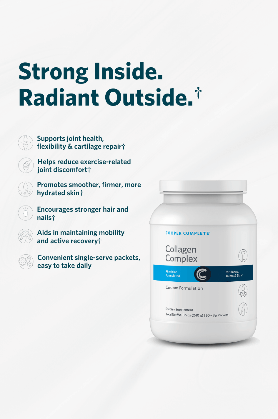 Cooper Complete Collagen Complex Packet canister with text on a white background about the health benefits.