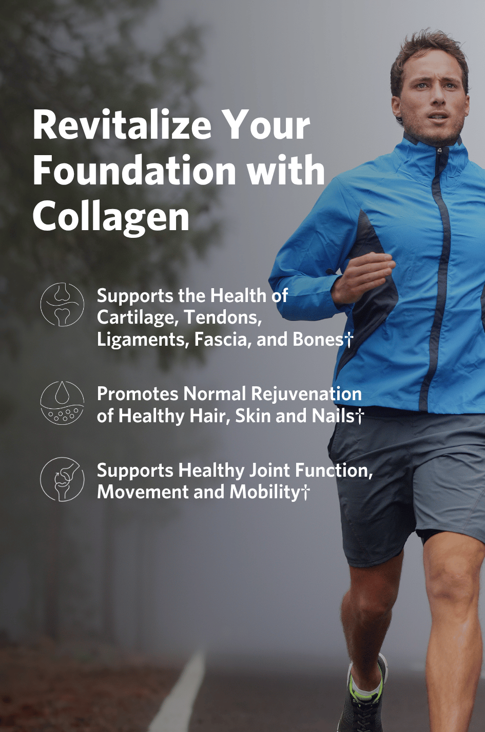 Man running outdoors with text about Cooper Complete Collagen supplement health benefits.