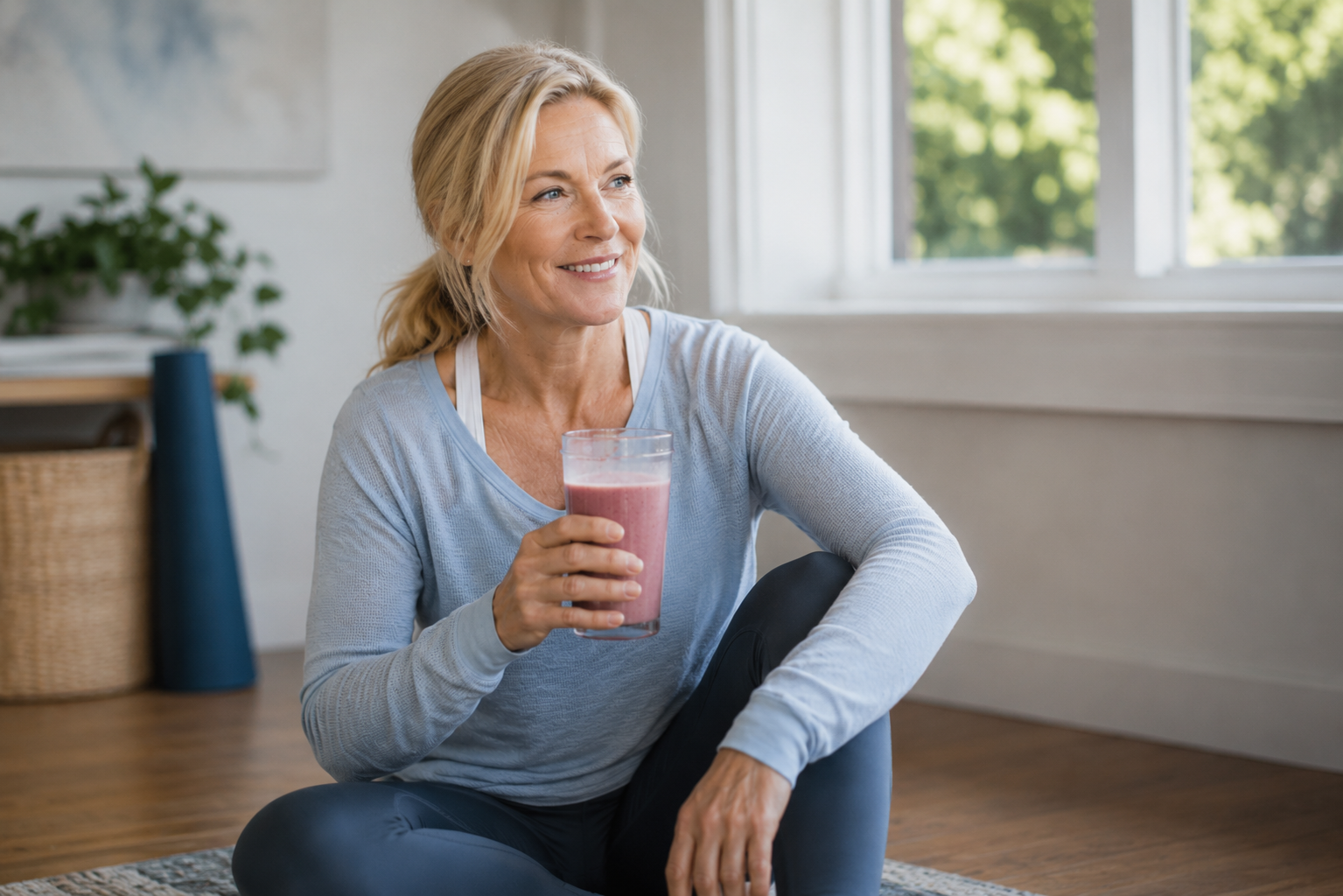 A smiling blonde woman sits cross-legged on a rug in a bright room, holding a glass filled with a pink smoothie.