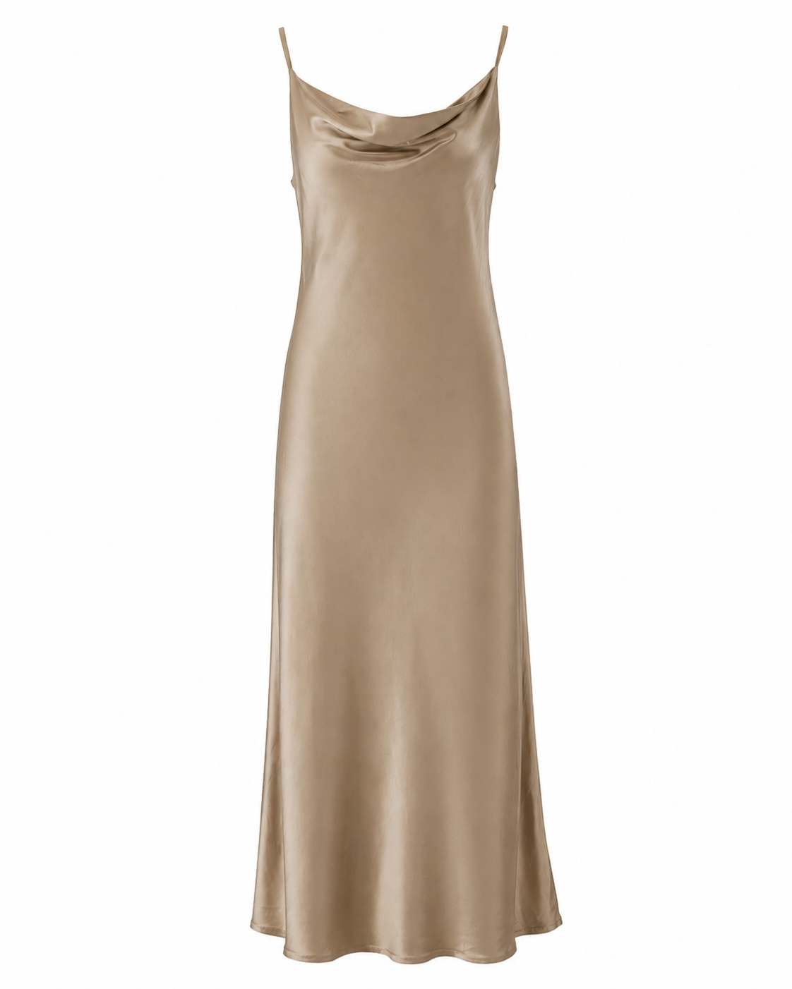 Front view of the Be Fit camel satin slip dress with spaghetti straps, a draped cowl neckline and a flowing silhouette.
