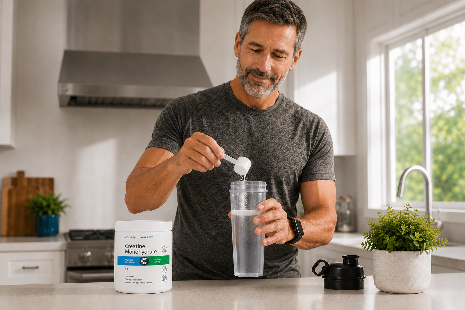 Man mixing Cooper Complete Creatine Monohydrate powder into a shaker bottle in a bright kitchen to support strength, muscle performance, and recovery.