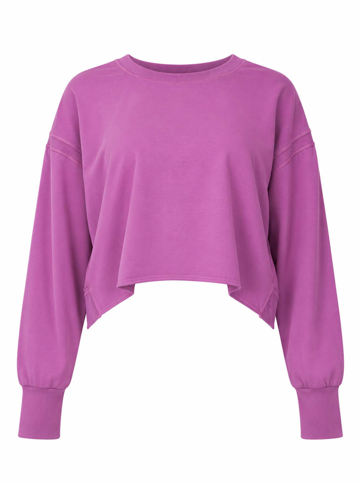 Front view of Be Fit women's Crescent Pima Cotton Open Back Long Sleeve Tee in Mulberry. 