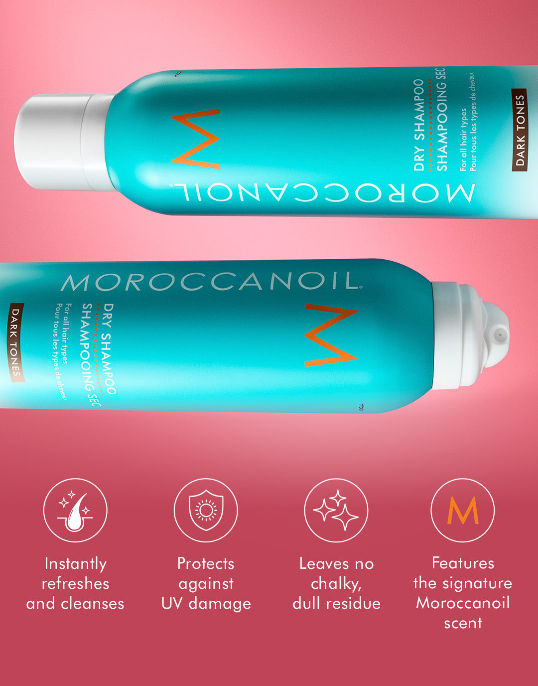 Moroccanoil Dry Shampoo Dark Tones benefits including instant cleansing, UV protection, no chalky residue and signature Moroccanoil scent.