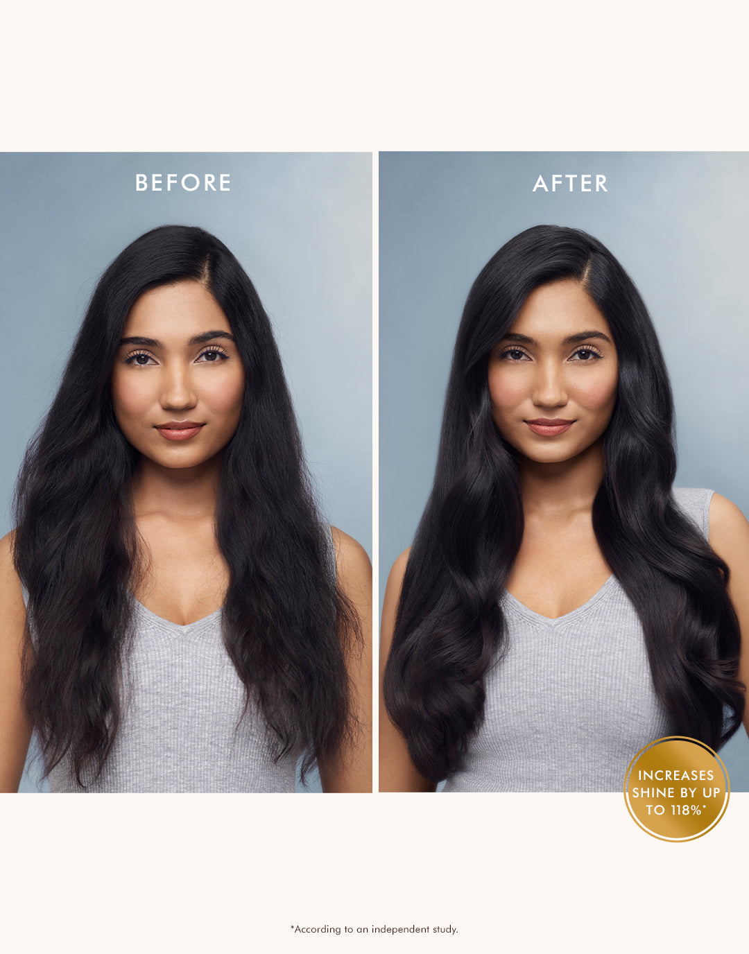 Before-and-after dark hair results showing increased shine and smoother, more polished hair after using Moroccanoil Treatment Original.