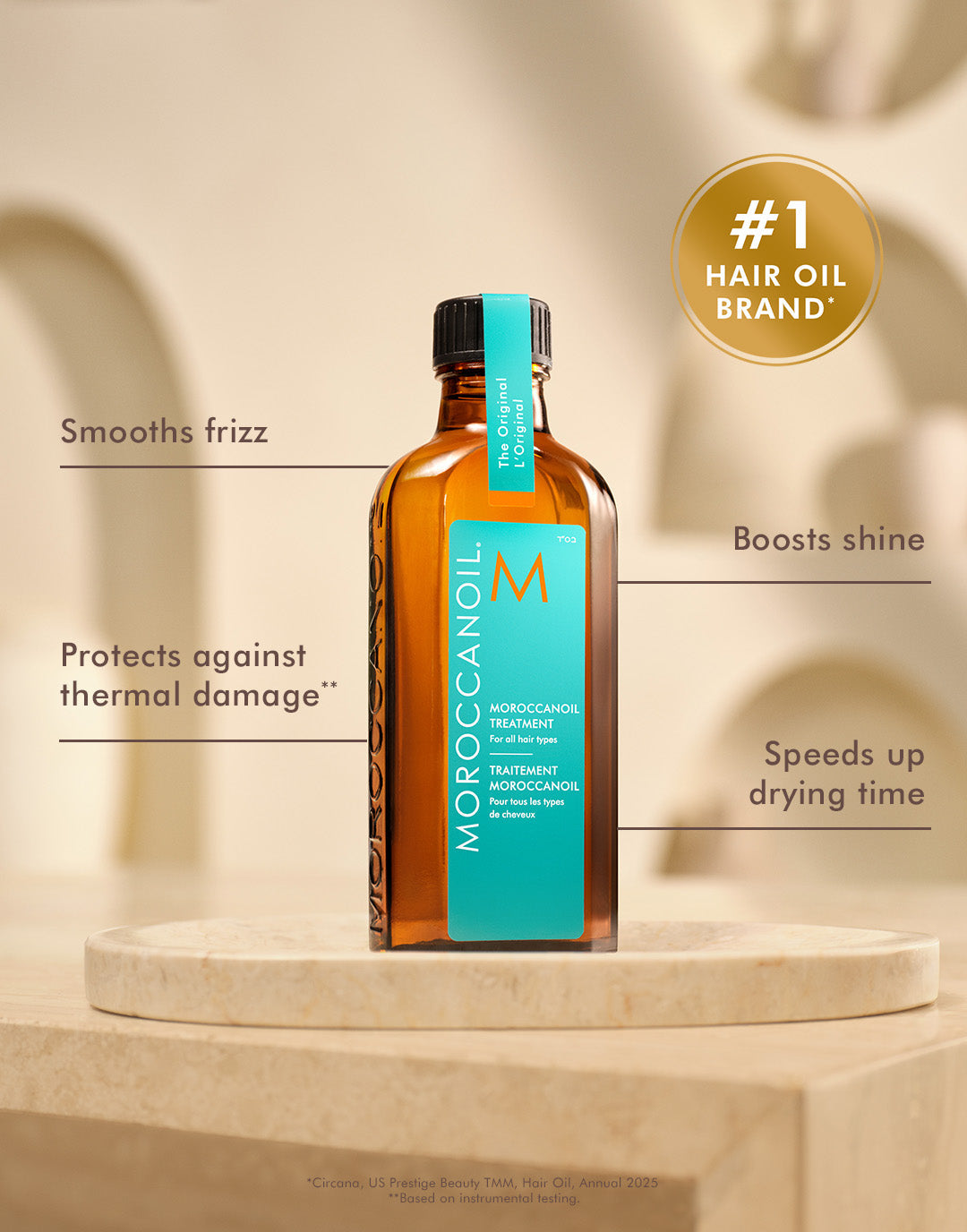 Moroccanoil Treatment Original benefits including smoothing frizz, boosting shine, protecting against thermal damage and speeding drying time.