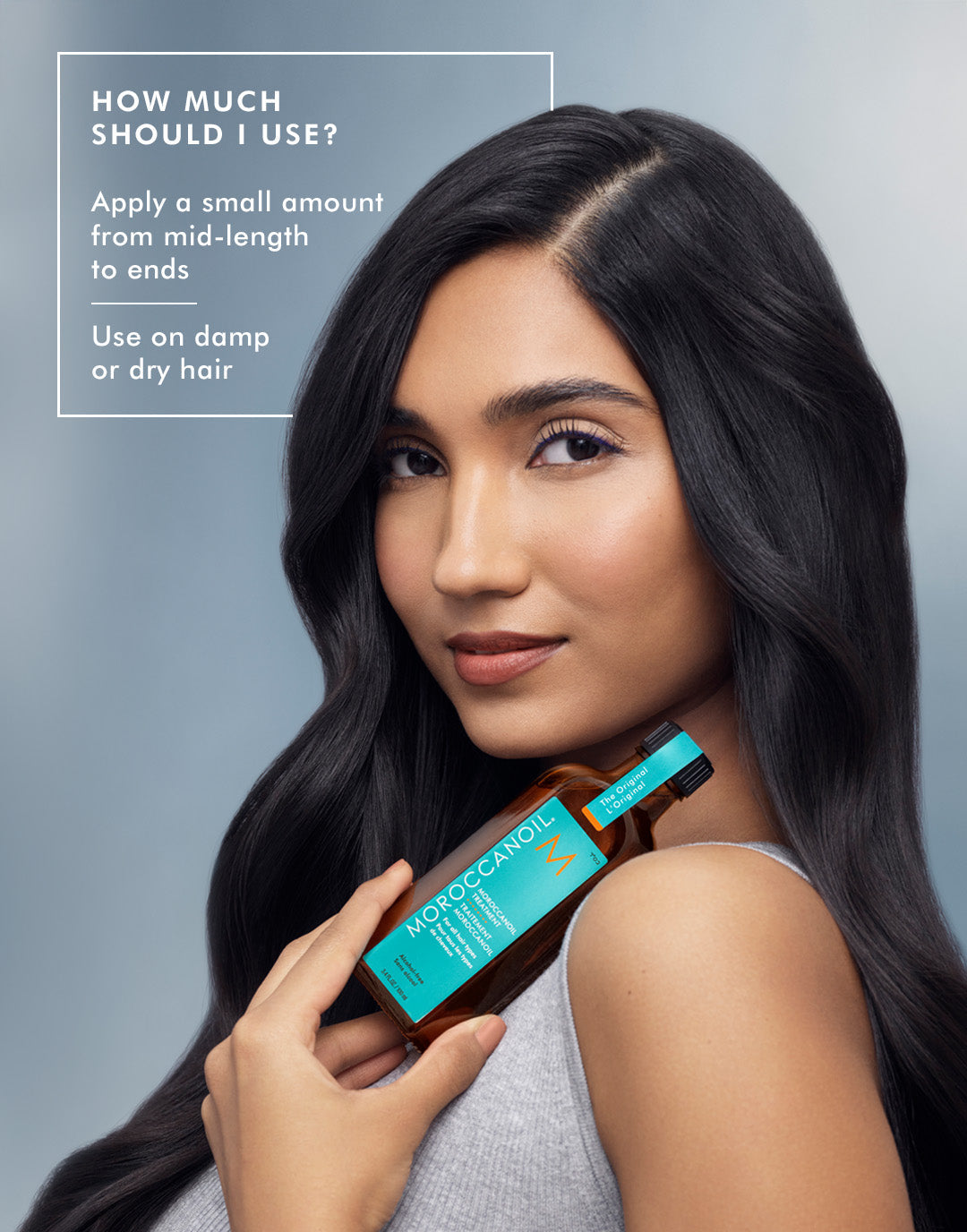 How to use Moroccanoil Treatment Original by applying a small amount from mid-length to ends on damp or dry hair.