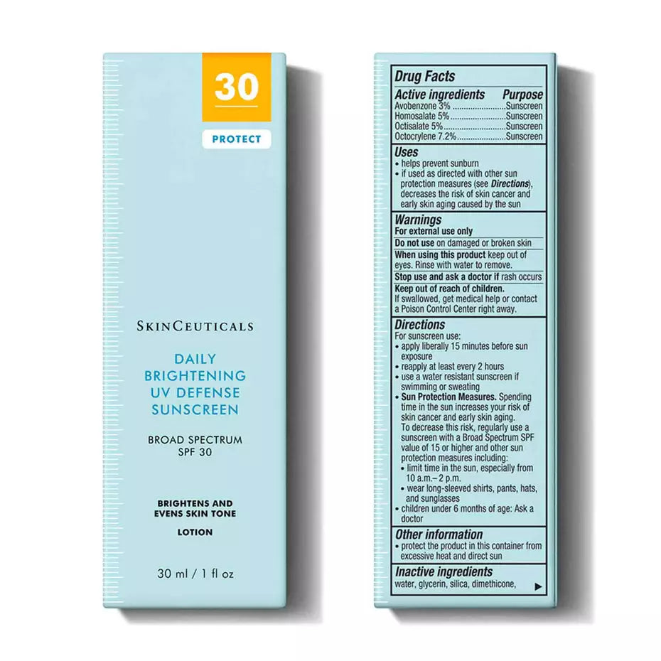 SkinCeuticals Daily Brightening UV Defense Sunscreen SPF 30 product box shown from front and back with drug facts and directions.