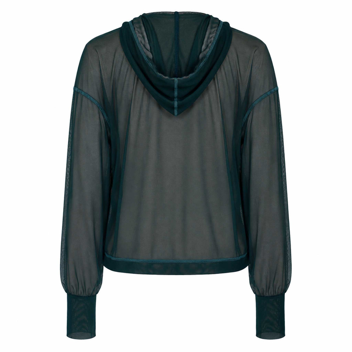 Back view of the Be Fit x Glee botanic green sheer mesh hoodie with a relaxed fit, long sleeves and attached hood.