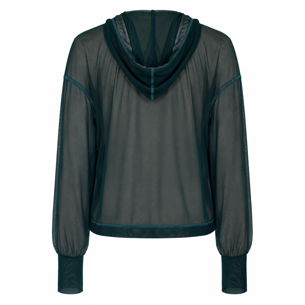 Back view of the Be Fit x Glee botanic green sheer mesh hoodie with a relaxed fit, long sleeves and attached hood.