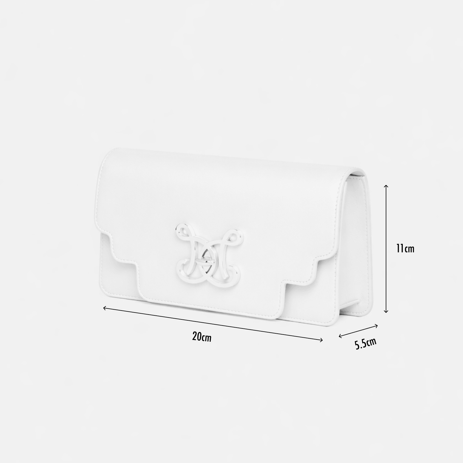 De Marquet Envelope Faux Croc Bag size diagram showing 20 cm width, 11 cm height and 5.5 cm depth.