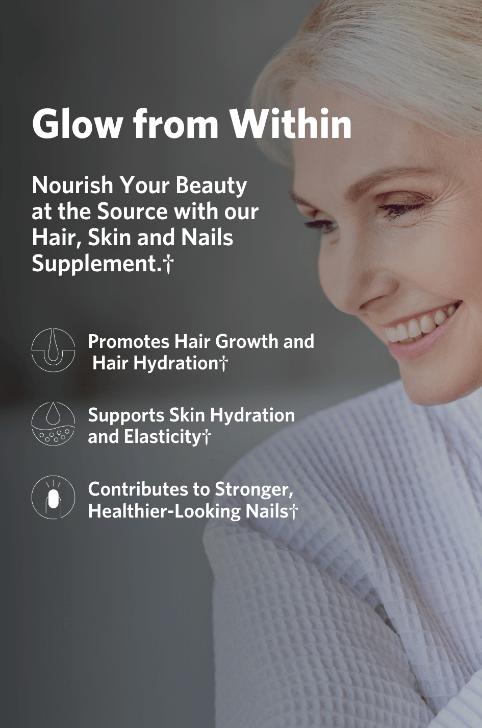Text about the health benefits of the Cooper Complete Dermatologic Health supplement for hair, skin, and nails, featuring a smiling woman against a dark background.
