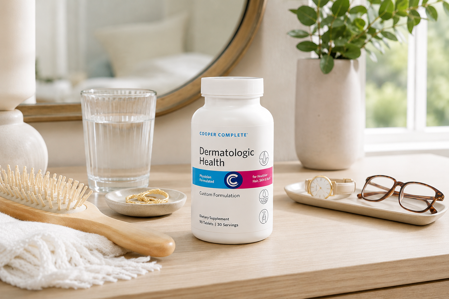 A white bottle of Coder Complete Dermatologic Health supplement placed on a light wood vanity with a glass of water, a wooden hairbrush, a tray with glasses and a watch, and a plant in the background.