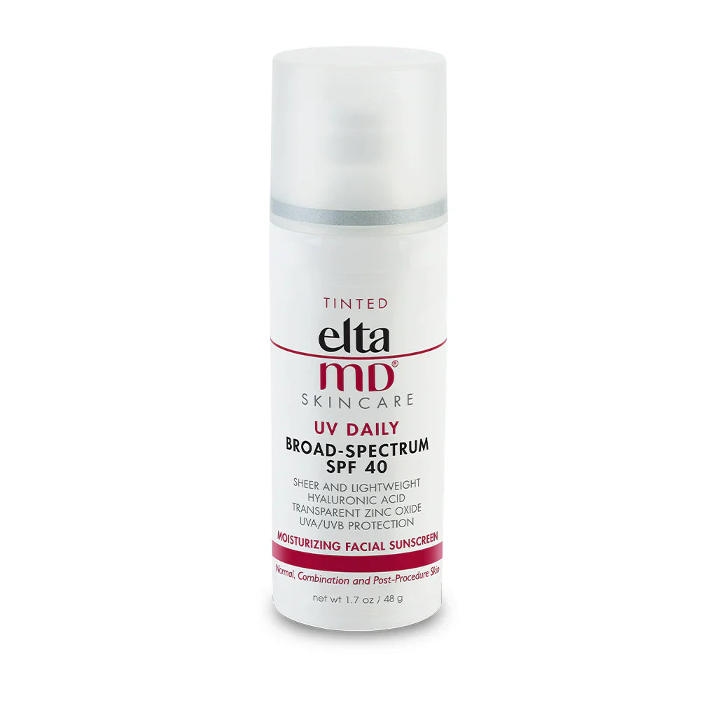 A white bottle of EltaMD Skincare UV Daily broad-spectrum SPF 40 Tinted Moisturizing Facial Sunscreen with hyaluronic acid and transparent zinc oxide, 1.7 oz.