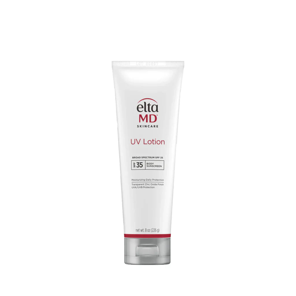 A white squeeze tube of EltaMD Skincare UV Lotion with SPF 35 body sunscreen, 8 oz.