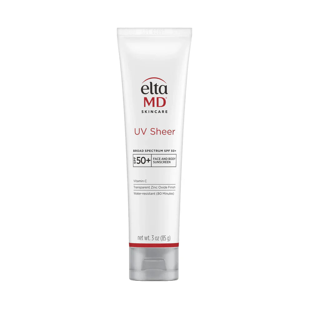 A white squeeze tube of EltaMD Skincare UV Sheer water resistant broad spectrum SPF 50+ face and body sunscreen with vitamin C and a transparent zinc oxide finish, 3 oz.