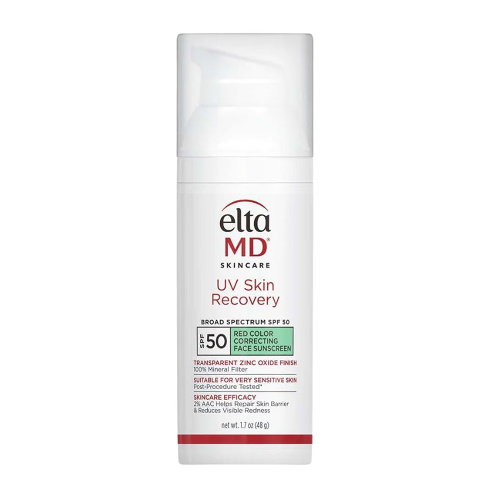A white pump dispenser bottle of EltaMD Skincare UV Skin Recovery Broad Spectrum SPF 50 Red Color Correcting Face Sunscreen for sensitive skin, 1.7 oz.