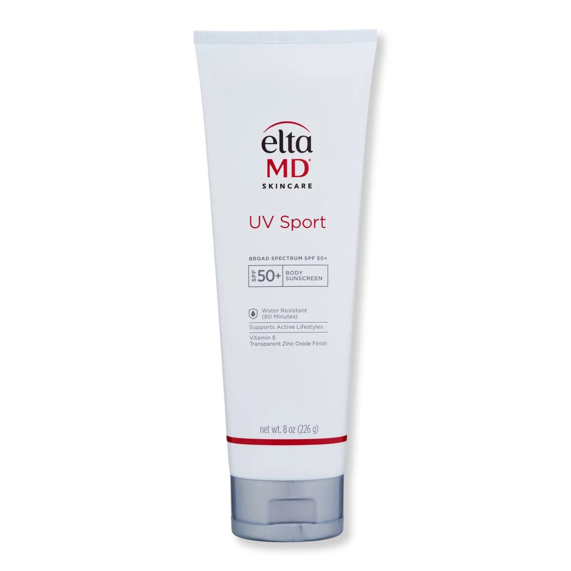 A white squeeze tube of EltaMD Skincare UV Sport water resistant broad spectrum SPF 50+ body sunscreen with vitamin E and a transparent zinc oxide finish to support active lifestyles, 8 oz.