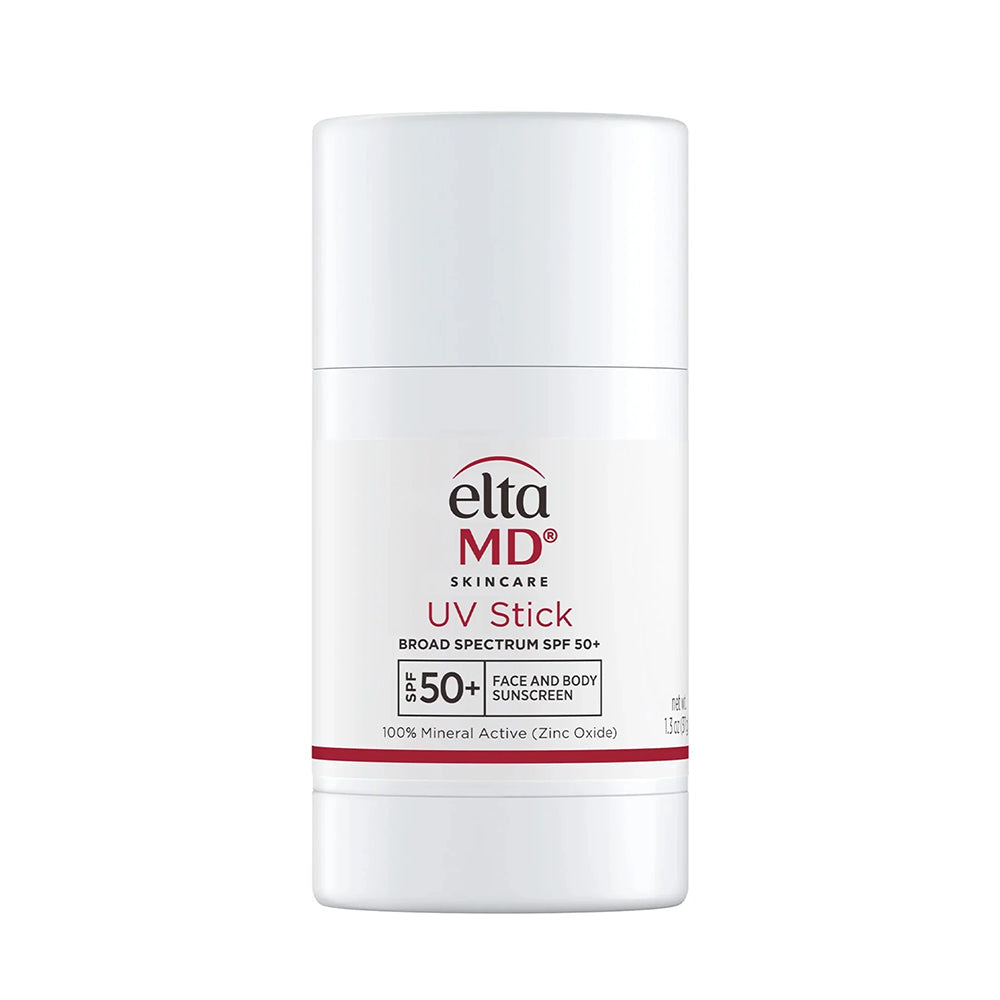 A white roll-up container of EltaMD Skincare UV Stick broad spectrum SPF 50+ face and body sunscreen, 100% mineral active.